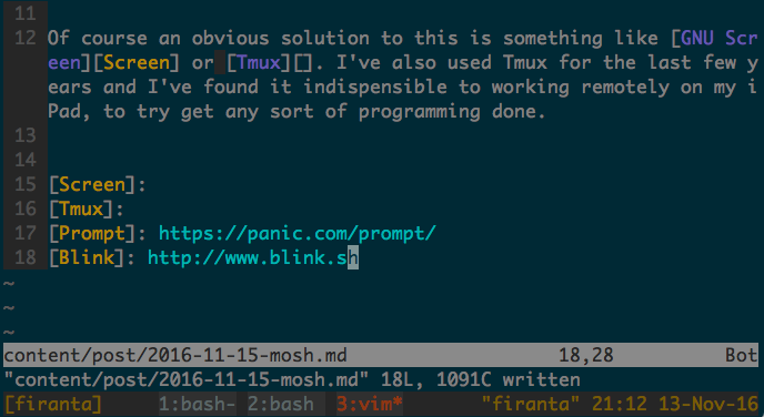 Tmux session writing this post in Vim